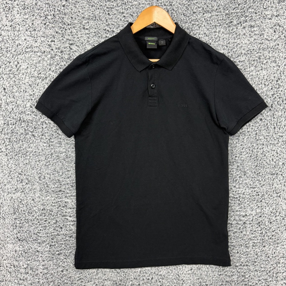 Hugo Boss Polo Shirt Mens Large Black Pique Cotton Regular Fit Logo Casual L